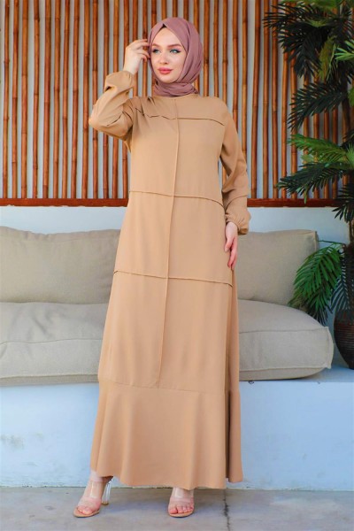 Dikiş Detaylı Model Elbise VİZON - Thumbnail