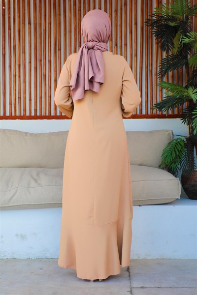 Dikiş Detaylı Model Elbise VİZON - Thumbnail