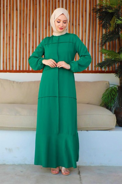 SGS - Dikiş Detaylı Model Elbise ZÜMRÜT YEŞİLİ