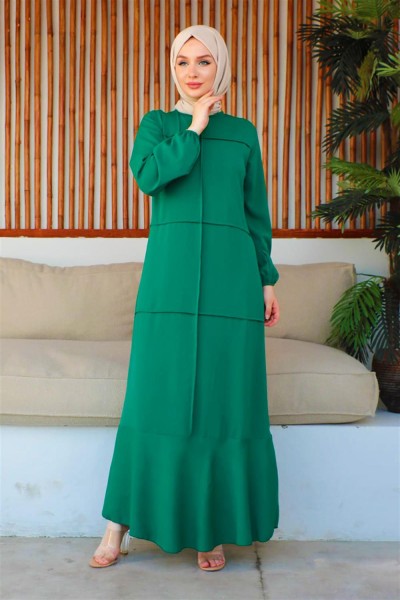 Dikiş Detaylı Model Elbise ZÜMRÜT YEŞİLİ - Thumbnail