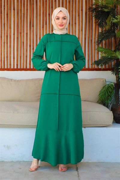 Dikiş Detaylı Model Elbise ZÜMRÜT YEŞİLİ - Thumbnail