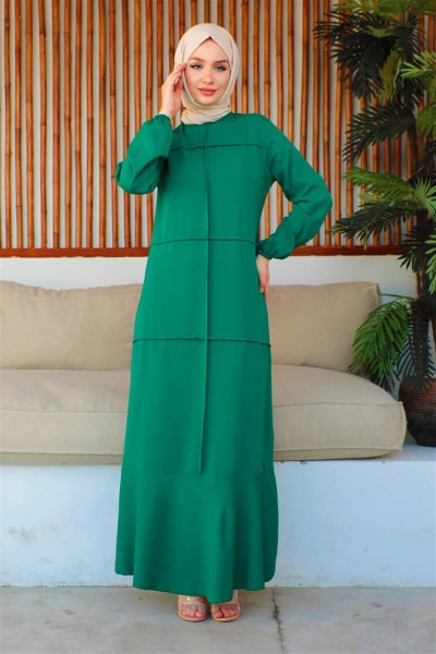 Dikiş Detaylı Model Elbise ZÜMRÜT YEŞİLİ - Thumbnail