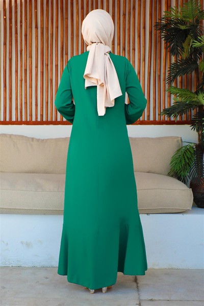 Dikiş Detaylı Model Elbise ZÜMRÜT YEŞİLİ - Thumbnail