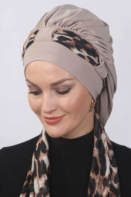 Dökümlü Leopar Fularlı Taş Rengi - 1