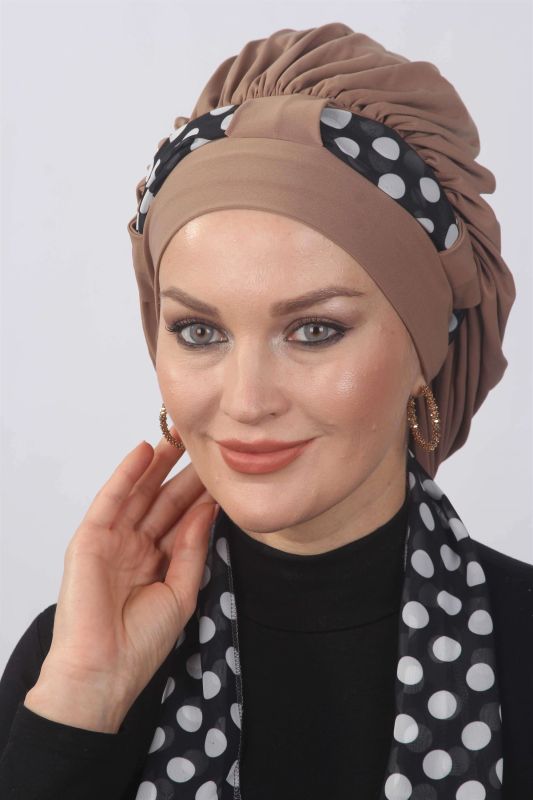Dökümlü Puantiyeli Fularlı Caramel - 1