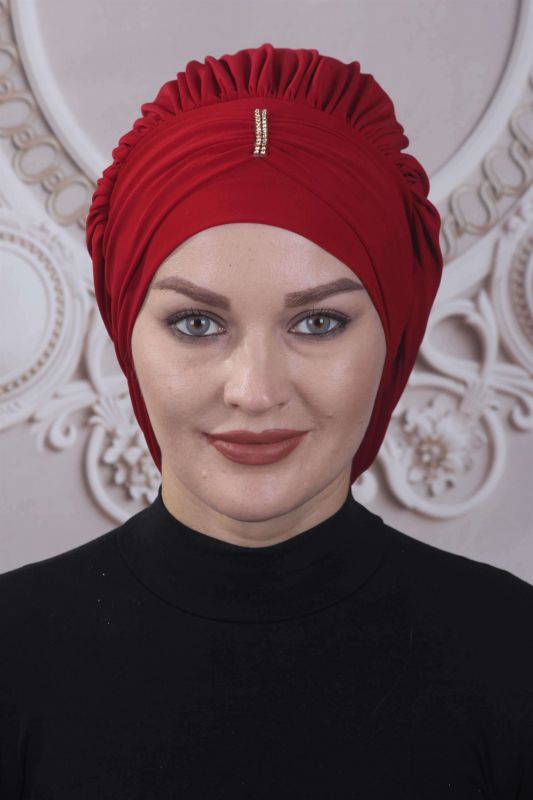 Dökümlü Taşlı Hazır Bone Kırmızı - 1