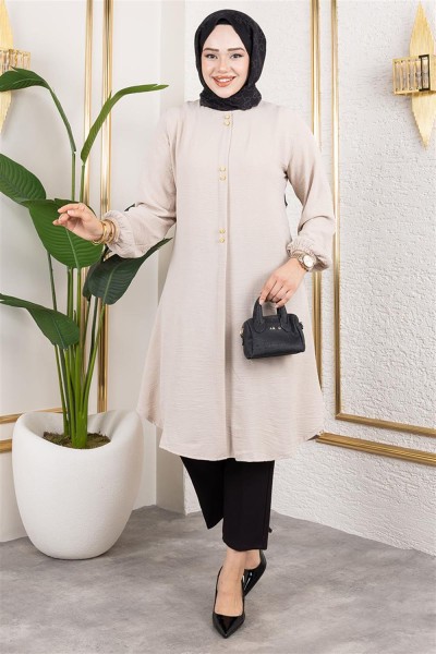 Düğme Detaylı Aerobin Tunik BEJ - Thumbnail