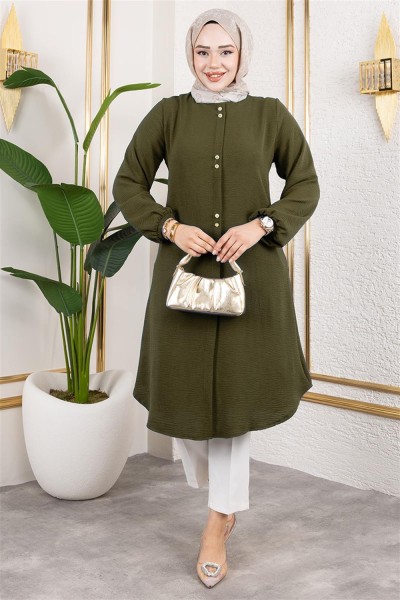 Düğme Detaylı Aerobin Tunik HAKİ - Thumbnail