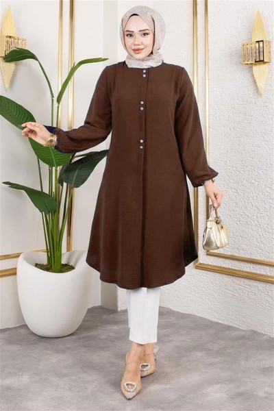 Düğme Detaylı Aerobin Tunik KAHVERENGİ - Thumbnail