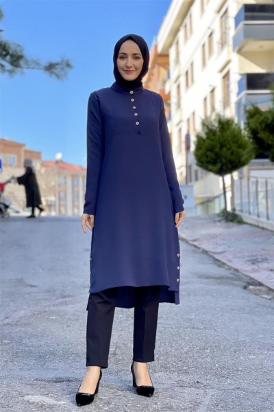 TGM - Düğme Detaylı Aerobin Tunik LACİVERT