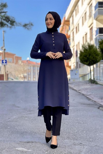 Düğme Detaylı Aerobin Tunik LACİVERT - Thumbnail