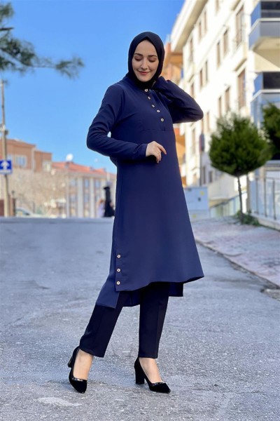 Düğme Detaylı Aerobin Tunik LACİVERT - Thumbnail