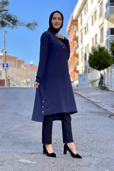 Düğme Detaylı Aerobin Tunik LACİVERT - Thumbnail