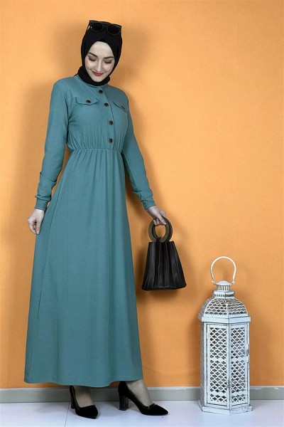 Moda Pinhan - Düğme Detaylı Elbise Çağla Yeşili