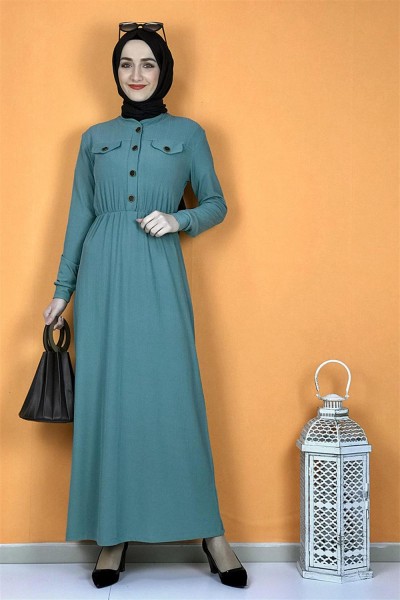 Düğme Detaylı Elbise Çağla Yeşili - Thumbnail