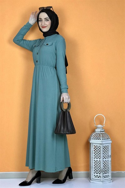 Düğme Detaylı Elbise Çağla Yeşili - Thumbnail