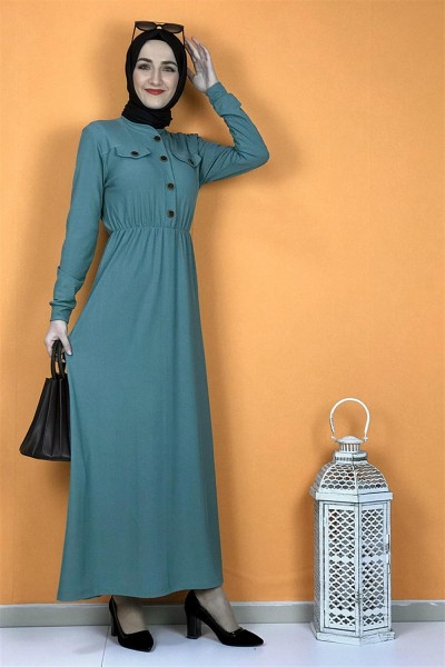 Düğme Detaylı Elbise Çağla Yeşili - Thumbnail