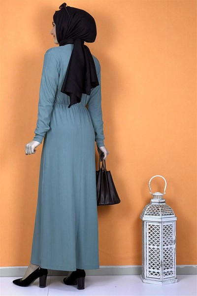 Düğme Detaylı Elbise Çağla Yeşili - Thumbnail