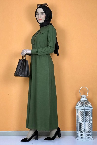 Moda Pinhan - Düğme Detaylı Elbise Haki