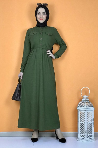 Düğme Detaylı Elbise Haki - Thumbnail