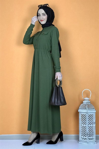 Düğme Detaylı Elbise Haki - Thumbnail