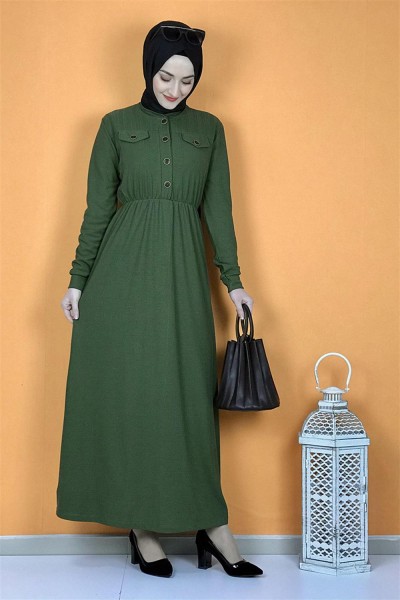 Düğme Detaylı Elbise Haki - Thumbnail