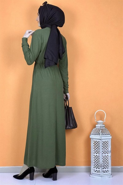 Düğme Detaylı Elbise Haki - Thumbnail