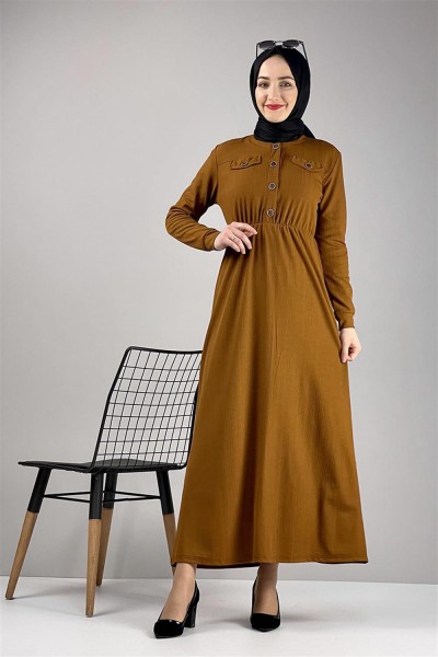 Moda Pinhan - Düğme Detaylı Elbise Hardal