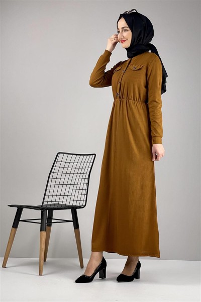 Düğme Detaylı Elbise Hardal - Thumbnail