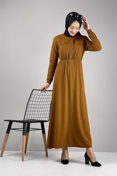 Düğme Detaylı Elbise Hardal - Thumbnail