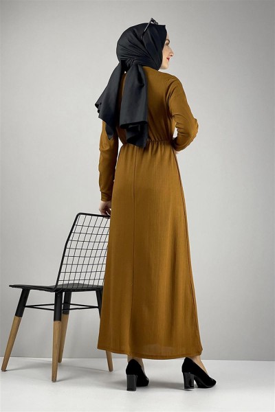 Düğme Detaylı Elbise Hardal - Thumbnail