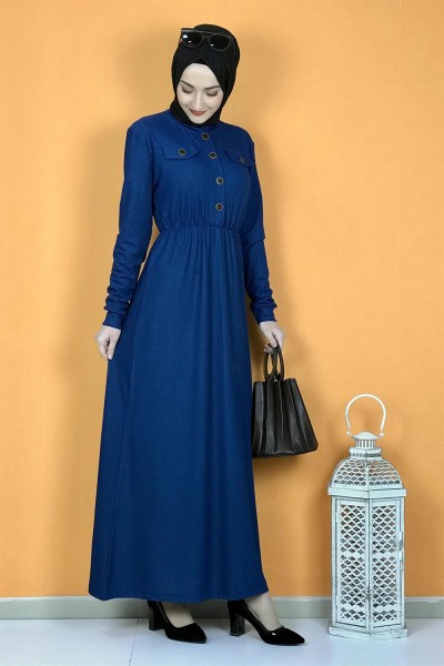 Moda Pinhan - Düğme Detaylı Elbise İndigo