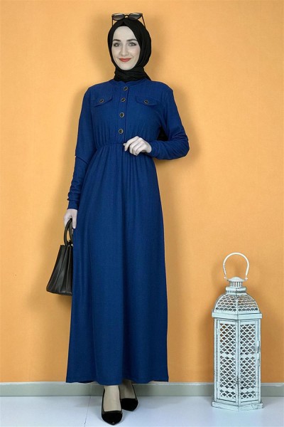 Düğme Detaylı Elbise İndigo - Thumbnail