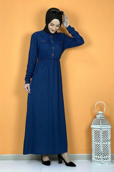 Düğme Detaylı Elbise İndigo - Thumbnail