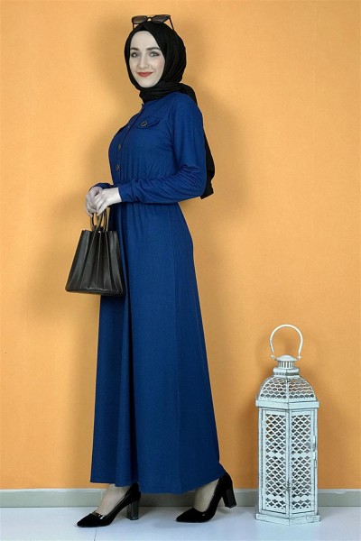 Düğme Detaylı Elbise İndigo - Thumbnail