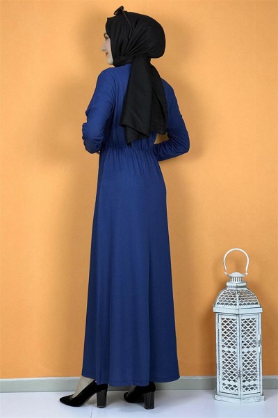 Düğme Detaylı Elbise İndigo - Thumbnail