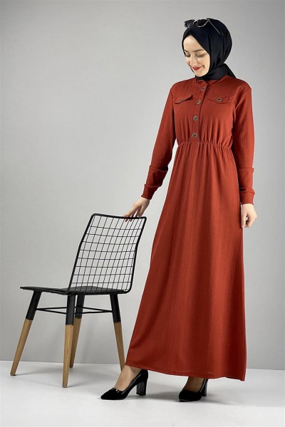 Moda Pinhan - Düğme Detaylı Elbise Kiremit