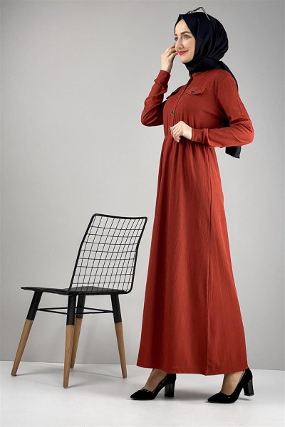 Düğme Detaylı Elbise Kiremit - Thumbnail