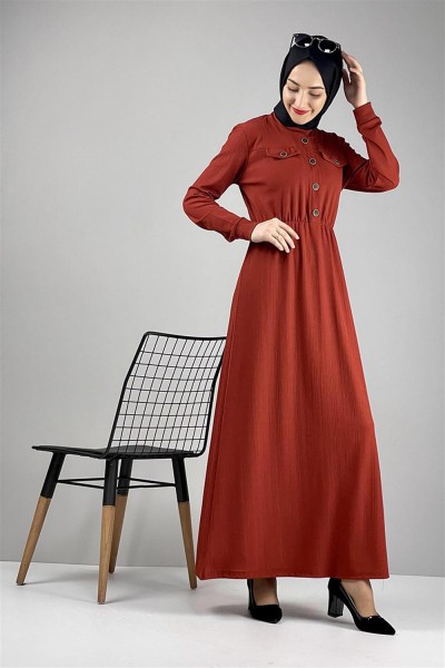 Düğme Detaylı Elbise Kiremit - Thumbnail
