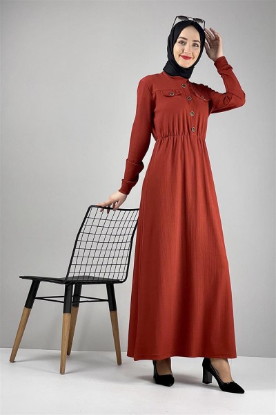 Düğme Detaylı Elbise Kiremit - Thumbnail