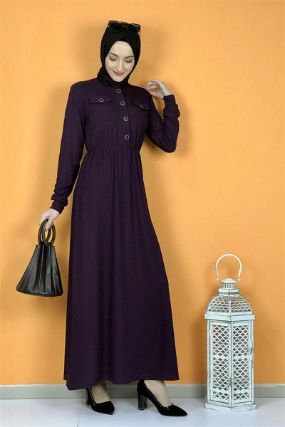 Moda Pinhan - Düğme Detaylı Elbise Mor