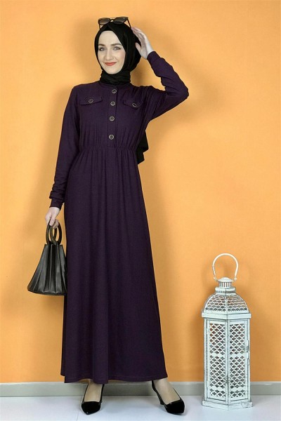 Düğme Detaylı Elbise Mor - Thumbnail