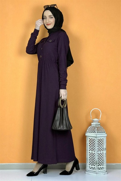Düğme Detaylı Elbise Mor - Thumbnail