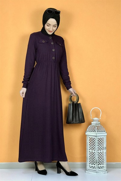 Düğme Detaylı Elbise Mor - Thumbnail