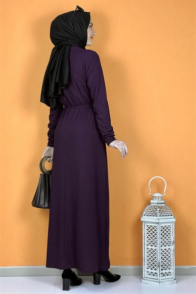 Düğme Detaylı Elbise Mor - Thumbnail