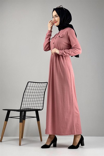 Moda Pinhan - Düğme Detaylı Elbise Pudra