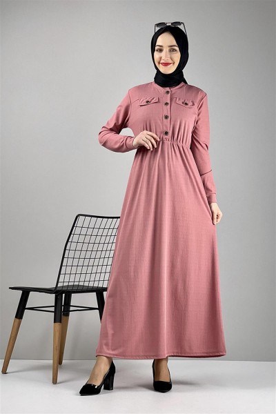 Düğme Detaylı Elbise Pudra - Thumbnail