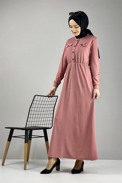 Düğme Detaylı Elbise Pudra - Thumbnail