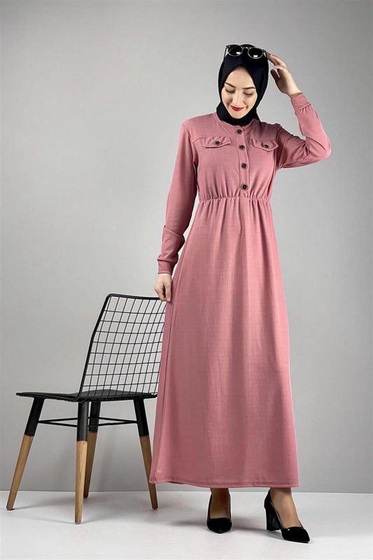 Düğme Detaylı Elbise Pudra - 4