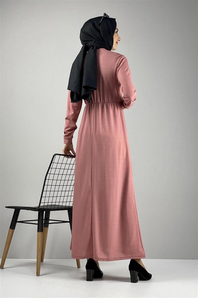 Düğme Detaylı Elbise Pudra - Thumbnail
